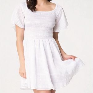 Bebe White Smocked Off-Shoulder Babydoll Dress